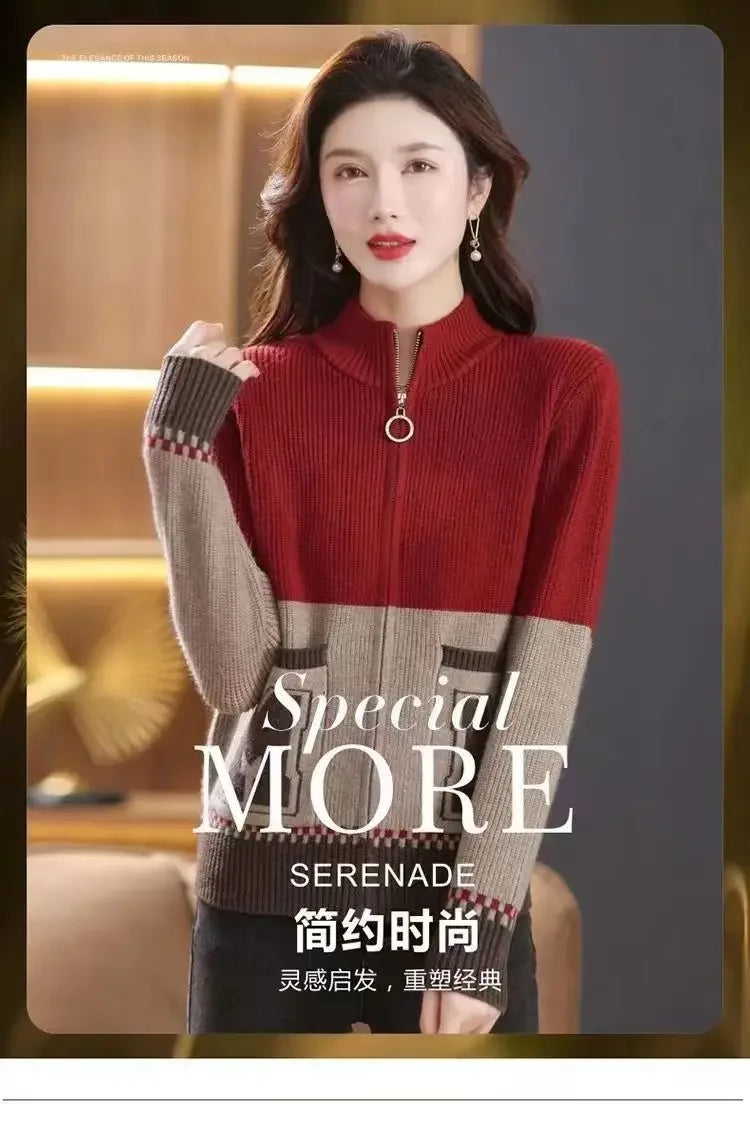 Sping Autumn New Women Sweaters Coats Stand Collar Zipper Contrast Color Pocket Fashion All-match Long Sleeve Cardigan Knit Tops