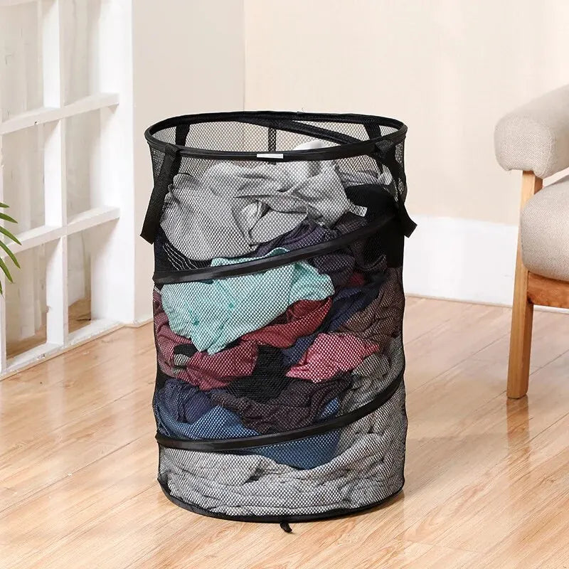 Large Capacity Polyester Mesh Transparent Storage Basket, Portable Laundry Bag Storage Bucket, Home Folding Dirty Clothes Basket