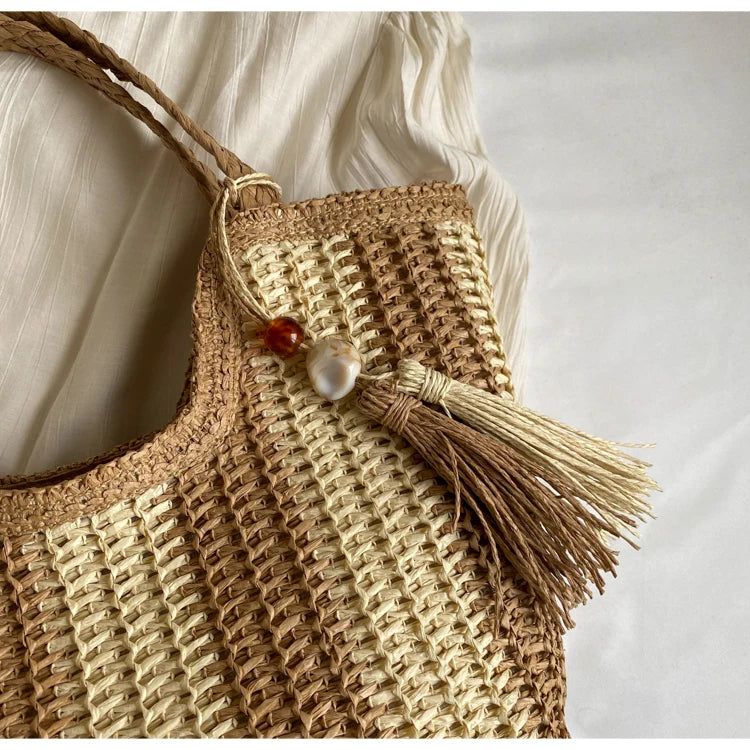 Leisure grass woven bag for women with large capacity, 2024 new summer single shoulder commuting woven bag, beach bag