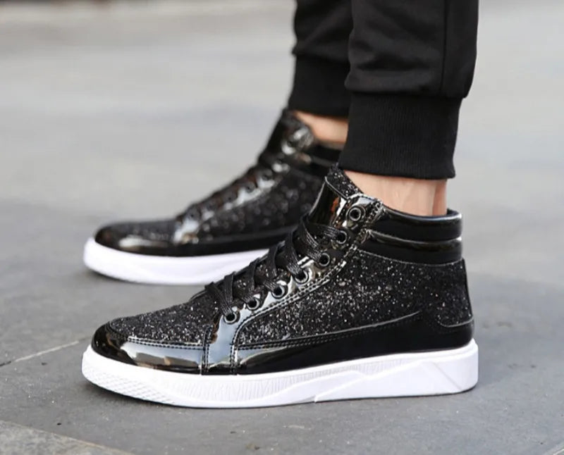 Men's Boots Nightclubs Fashiona Sequins With Diamonds Gold Leather Boots Trendy High Top Sports Casual Shoes Large Size 38-48