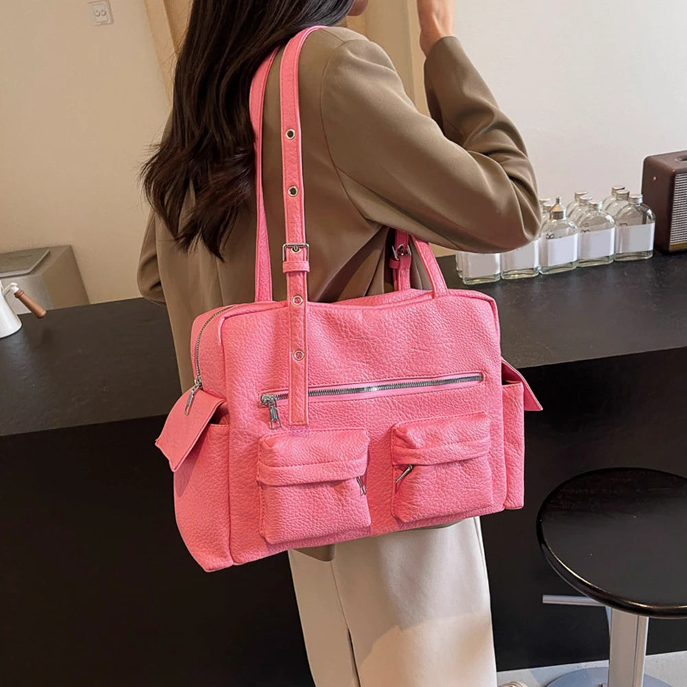 2024 Women PU Leather Shoulder Bag Multi-Pockets Underarm Bag Solid Versatile Commuting Handbag Adjustable Strap Armpit Tote Bag