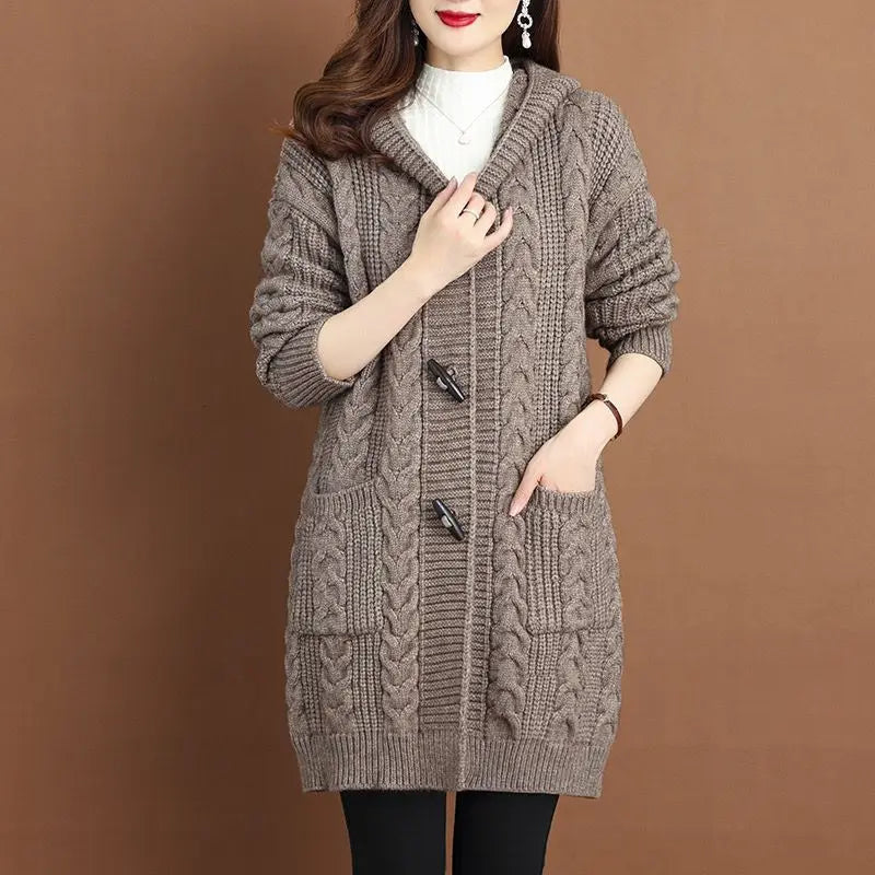 2024 Autumn Winter Thicken Sweaters5XL Large Size New Fashion Hooded Knitted Outerwear Women's Cardigan Sweater Knitting Jacket