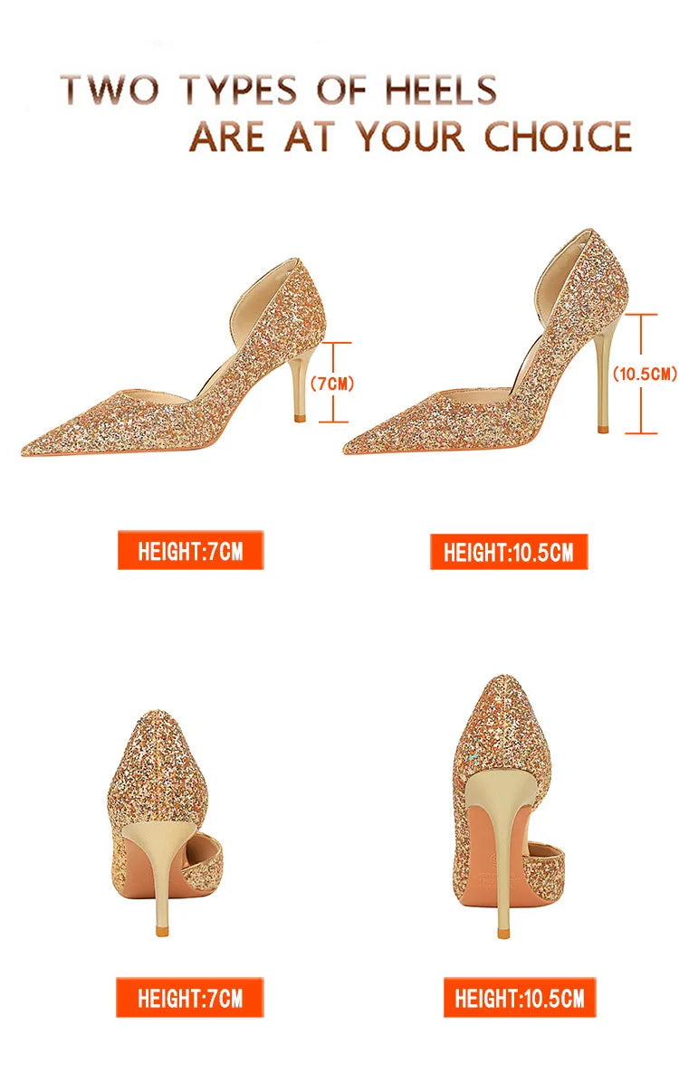 BIGTREE Women 7cm 11cm Super High Heels Blue Gold Pumps Sexy Sequins Bling Low Heels Lady Scarpins Luxury Stiletto Sparkly Shoes