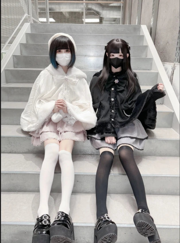 Japanese Style New Winter Mass Production Mine Series Velvet Rabbit Ear Cape Sweet Bow Knitted Furry Cloak Warm Jacket Coat