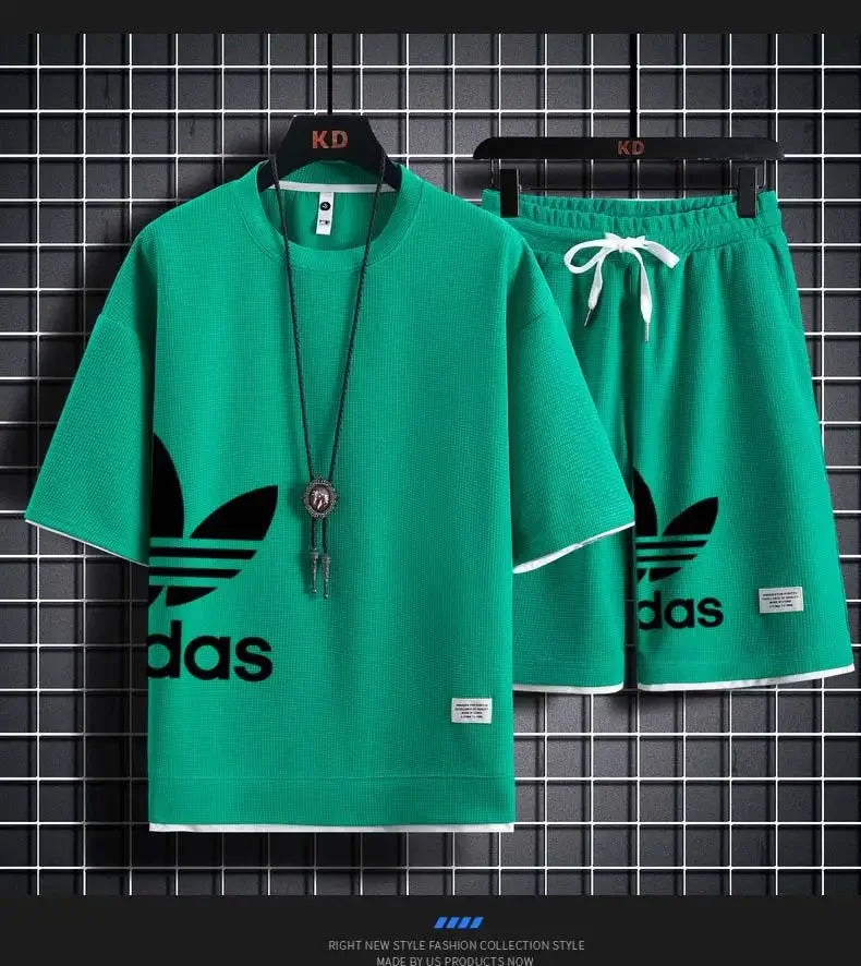 2025夏季新款男士套頭運動服套裝時尚籃球男休閒短袖T卹+短褲兩件套