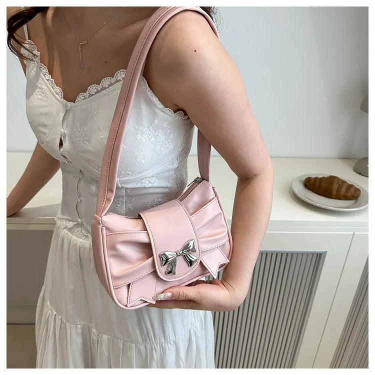 Sweet Bow Small Underarm Bag for Women Fashion PU Leather Ladies Portable Shoulder Bags Solid Color Female Clutch Handbags