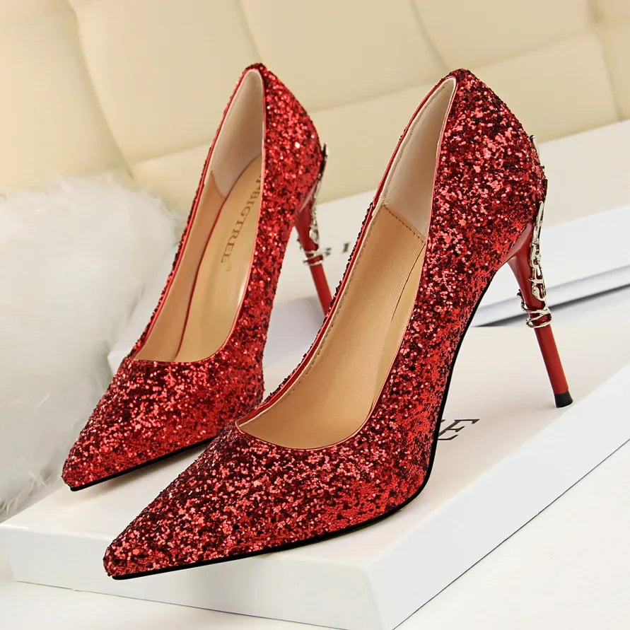 Women 9.5cm High Heels Pumps Lady Wedding Bridal Gold Silver Stiletto Heels Nightclub Event Party Sparkly Sequins Bling Shoes