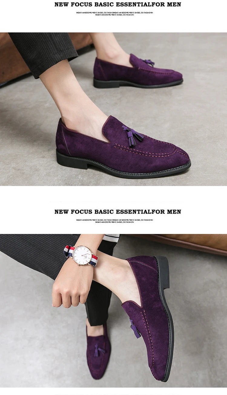 Brand Design Men Suede Leather Shoes Moccasins Purple Tassel Pointed Men's Loafers Vintage Slip-on Casual Men Social Dress Shoe