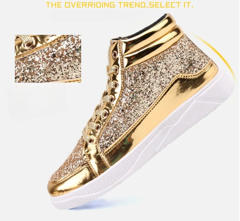 Men's Boots Nightclubs Fashiona Sequins With Diamonds Gold Leather Boots Trendy High Top Sports Casual Shoes Large Size 38-48