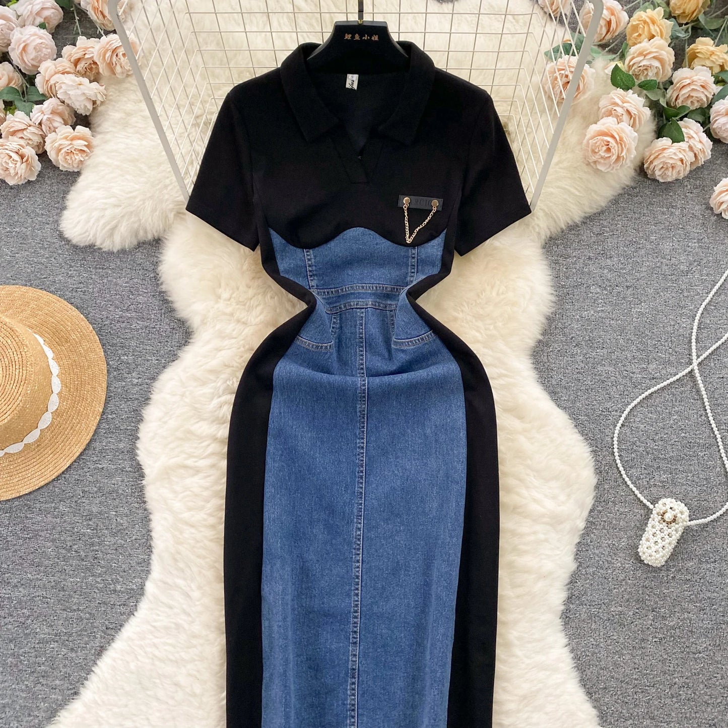 High Waist Bodycon Vestidos Mujer Women 2025 Dresses Contrast Fake Two Piece Dress Casual Fashion Vestido Temperament Robes