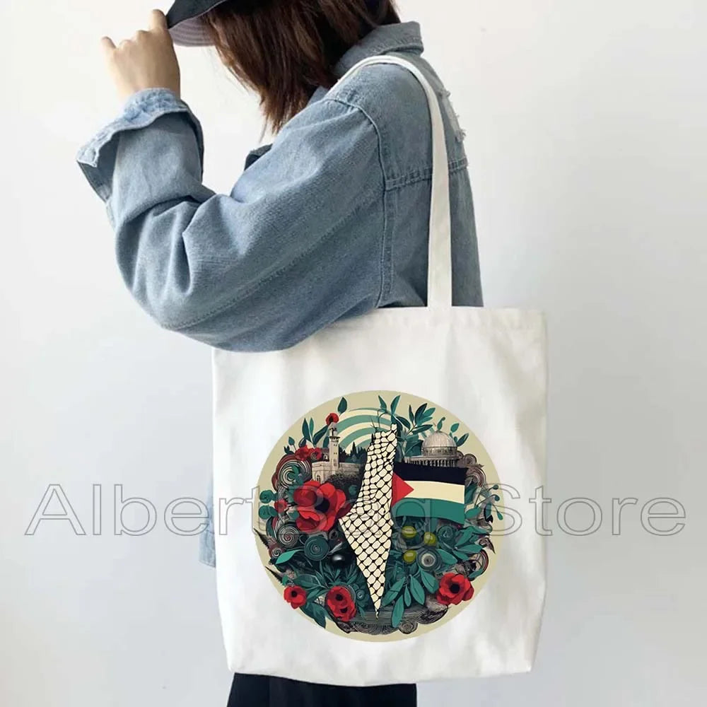 Peace Gifts Al Aqsa Keffiyeh Canvas Tote Bags Olive Tree Jerusalem Dome of The Rock Shopping Fashion Shoulder Organizer Handbag