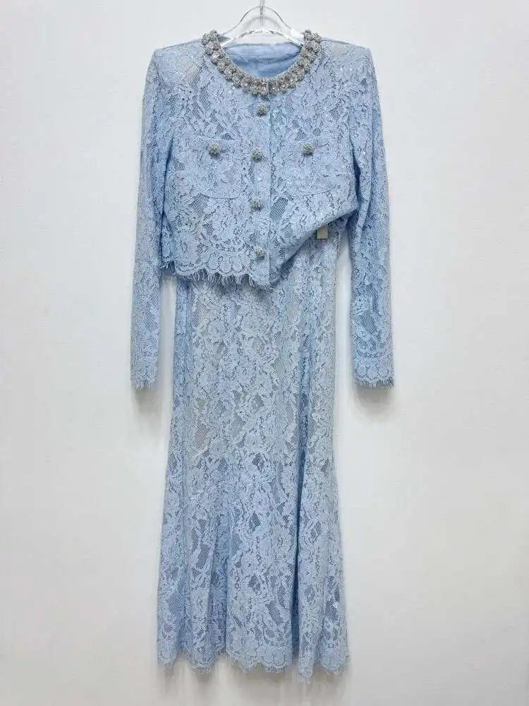 Luxury Lace Long Dress 2 Piece Sets Women 2025 Summer Holiday Hollow Out Embroidery Crystal Beaded Jackets Tops Maxi Skirt Suits