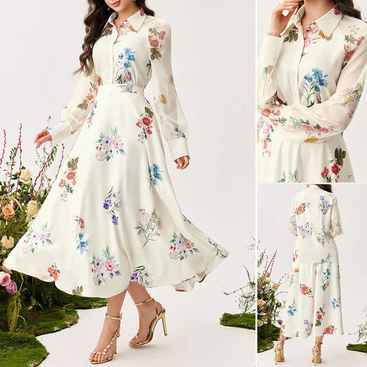 拉菲亞精品女裝夏季兩件式數位印花裙女圖案設計套裝長袖襯衫