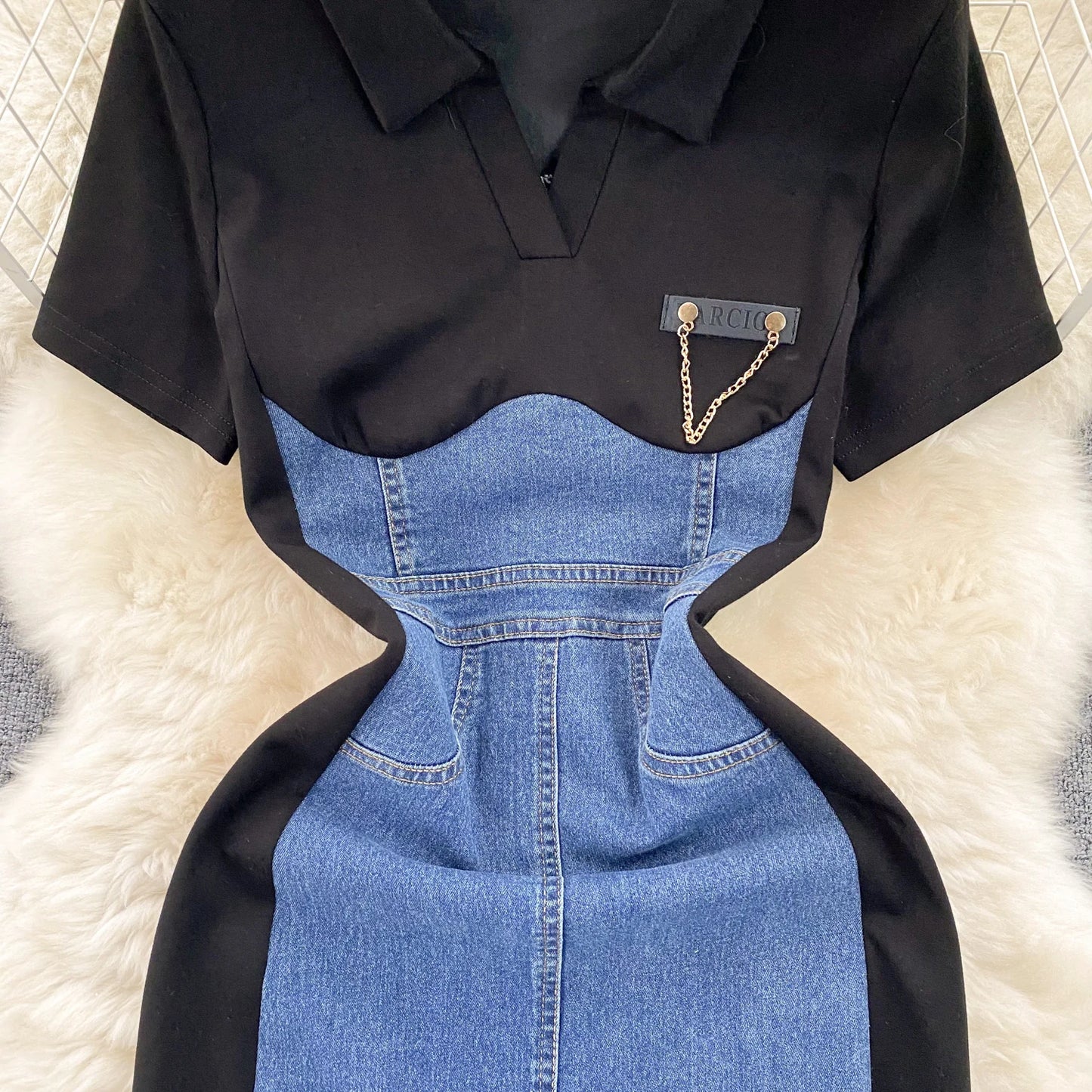 High Waist Bodycon Vestidos Mujer Women 2025 Dresses Contrast Fake Two Piece Dress Casual Fashion Vestido Temperament Robes