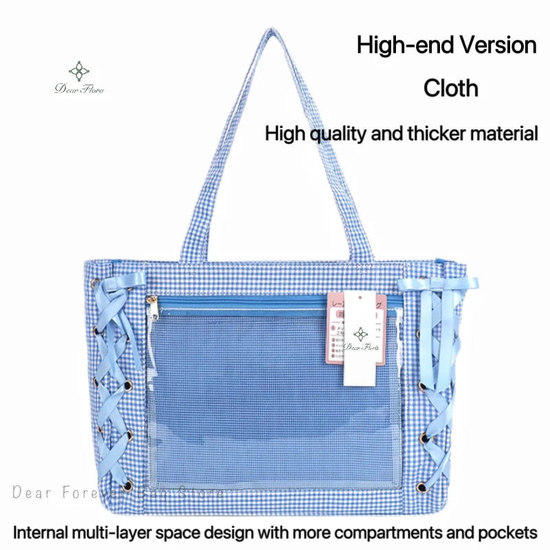 Japanese Sweet Women Ribbon Ita Bag Cute Lolita Girl Transparent Handbags Fashion Large Capacity Tote Bag Aesthetic Shoulder Bag
