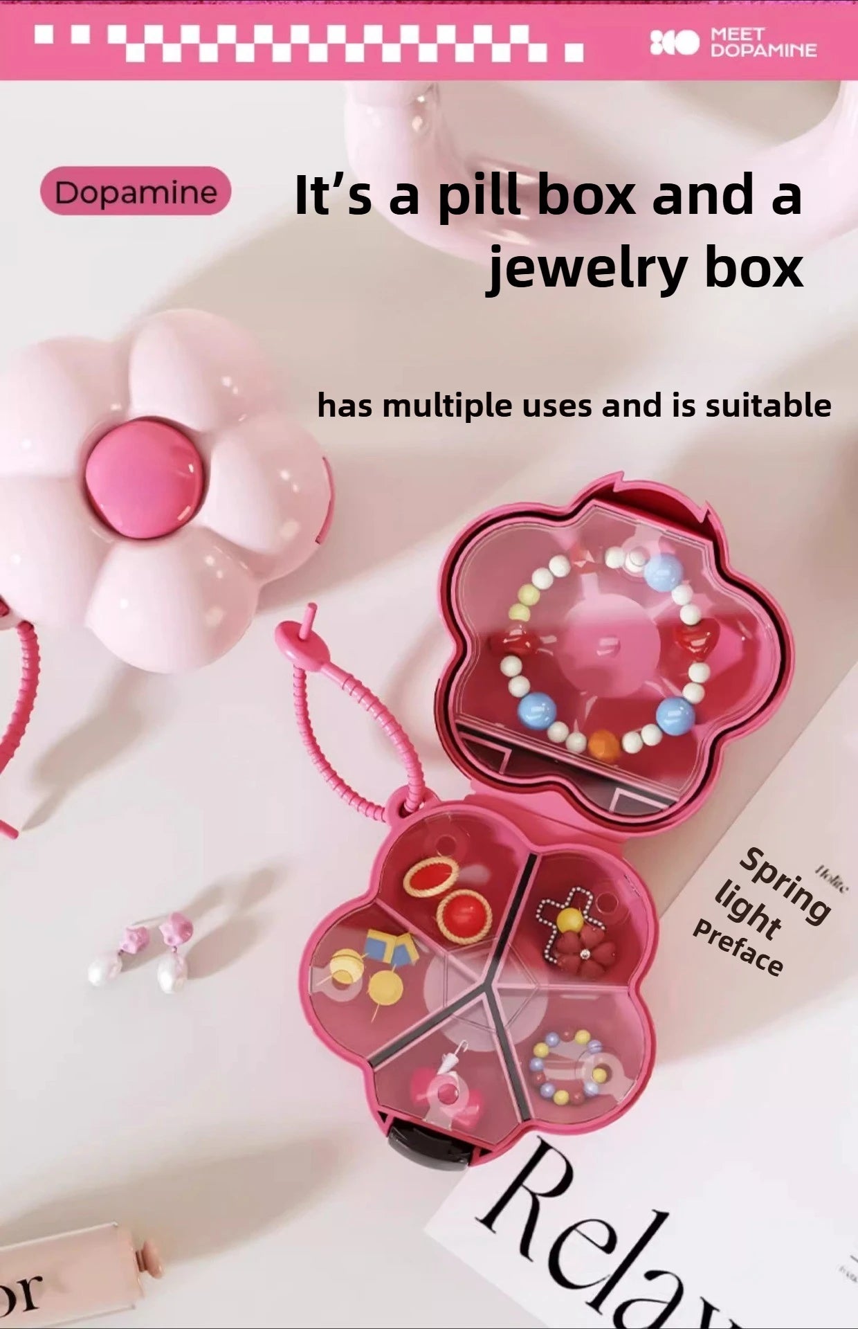 Portable, sealed, multi-functional, portable medicine box, dopamine wind medicine tablets, mini flower storage box