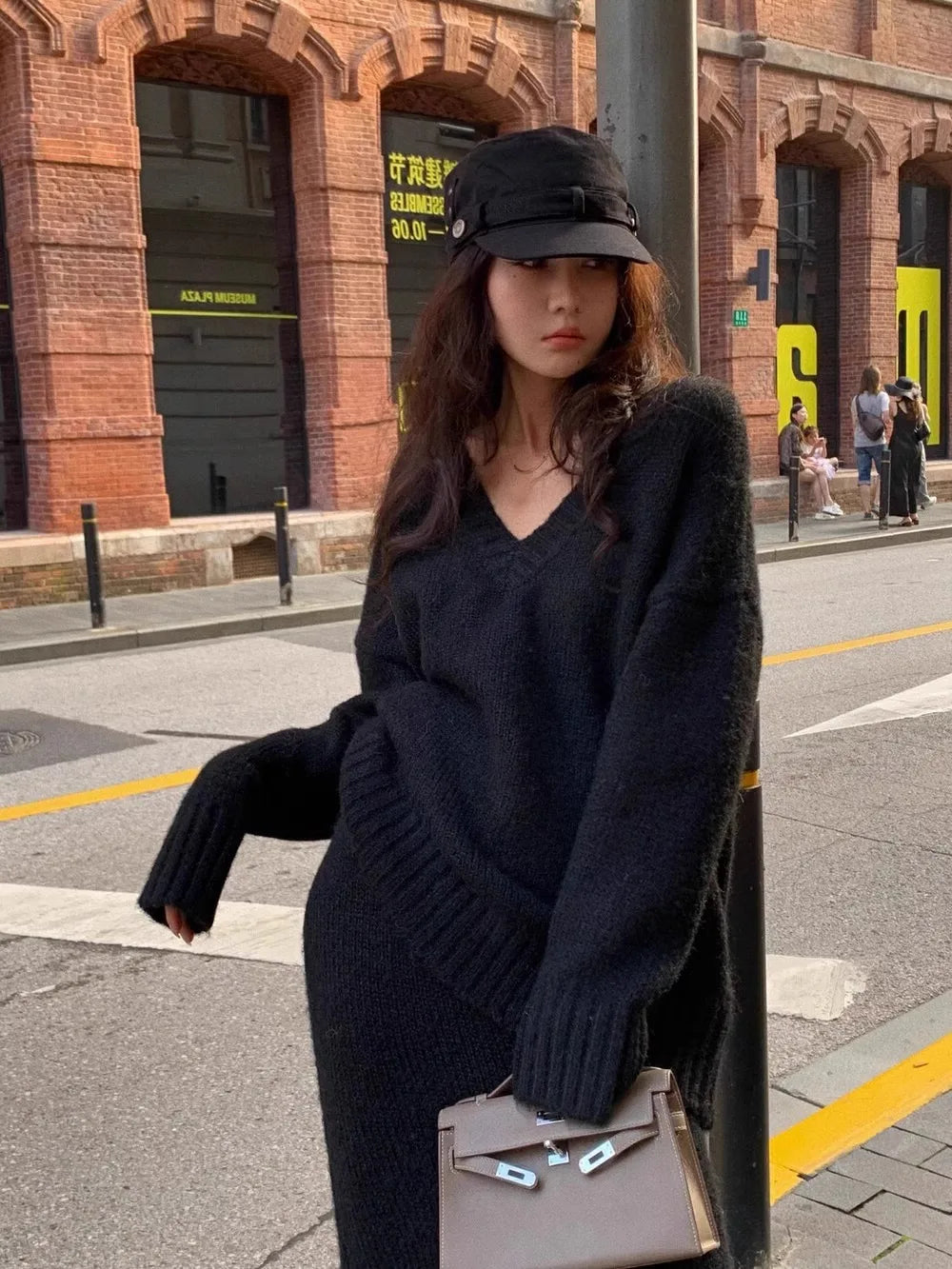 Elegant Solid Sweater Skirts Suits for Women Autumn Winter Fashion V-Neck Pullover Knitted Top Loose Skirt Casual Two Pieces Set