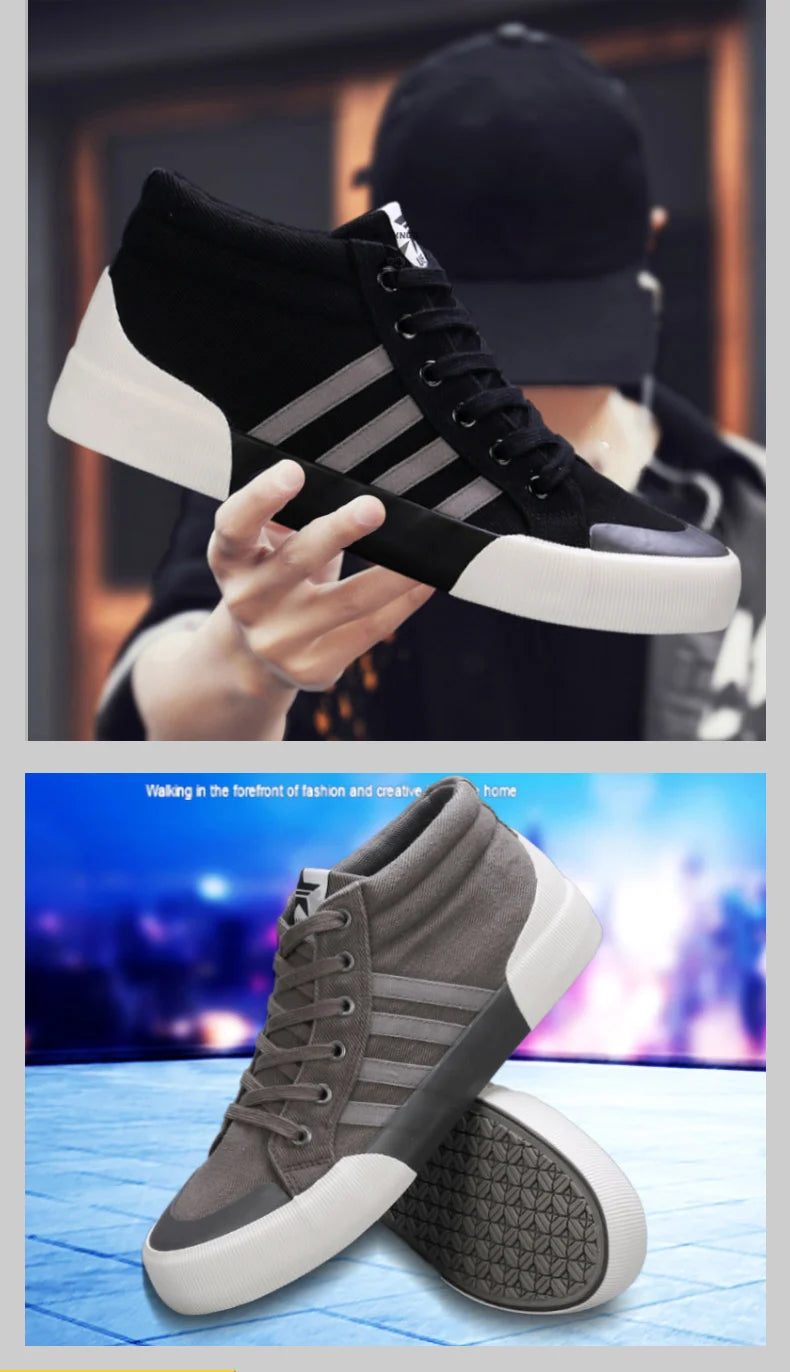 Spring Classic Stripes Black Canvas Sneakers Men Comfort High Top Skate Shoes Men Espadrilles Non-Slip Flat Vulcanized Shoes Men