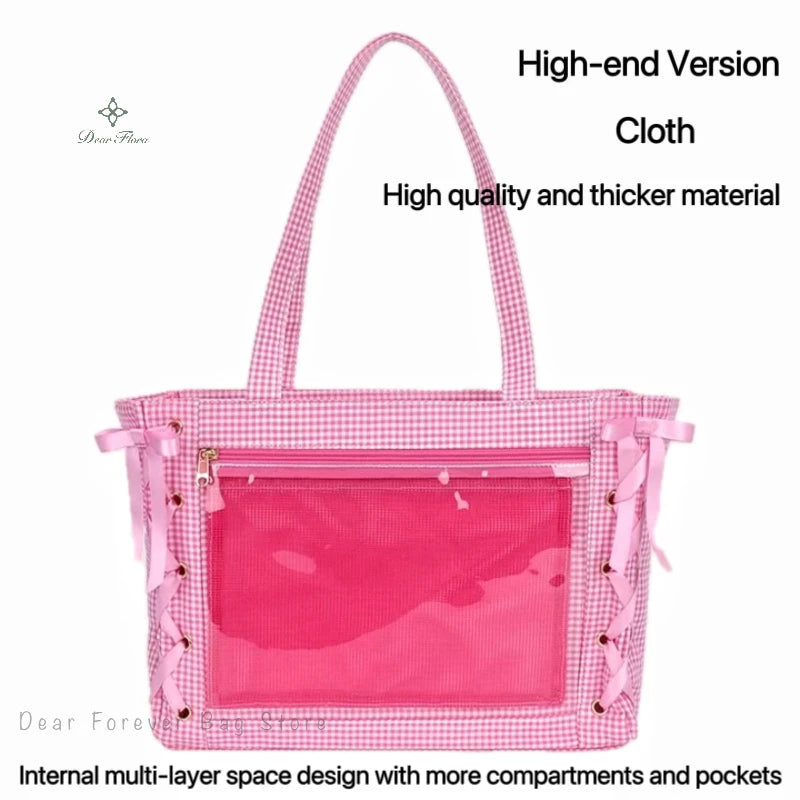 Japanese Sweet Women Ribbon Ita Bag Cute Lolita Girl Transparent Handbags Fashion Large Capacity Tote Bag Aesthetic Shoulder Bag