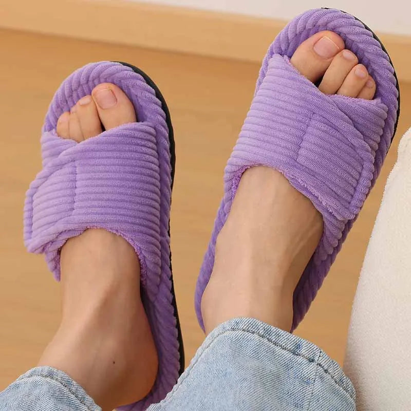 Litfun Women Orthopedic Home Slippers Fashion Open Toes Cozy Fur Flip-flops Indoor Flat Slides With Arch Support Cotton Slippers