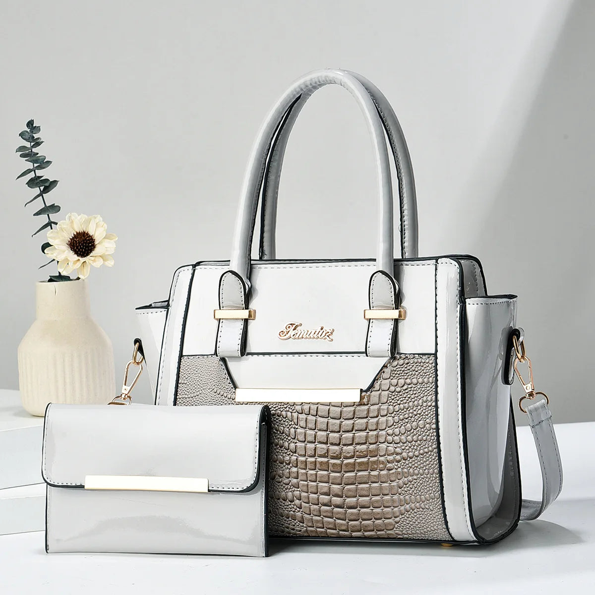 Casual shoulder women's bag simple large-capacity mother and child bag bright leather fashion portable two-piece bag