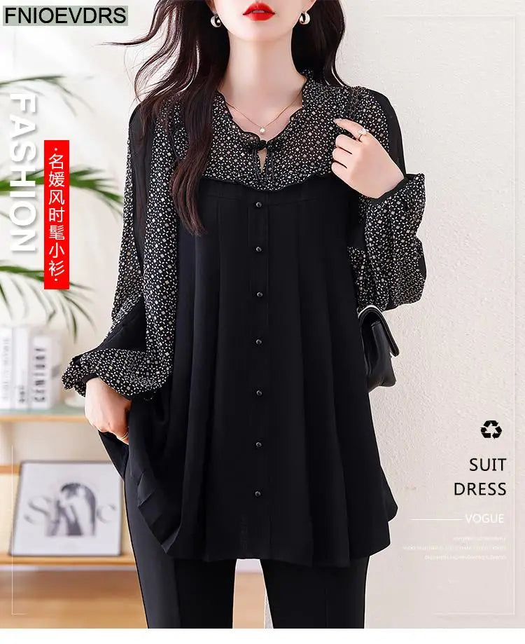 Loose Clothes Women 2024 Autumn Elegant Office Lady Casual Button Shirts Fake Two Piece Retro Vintage Bling Tops Blouses