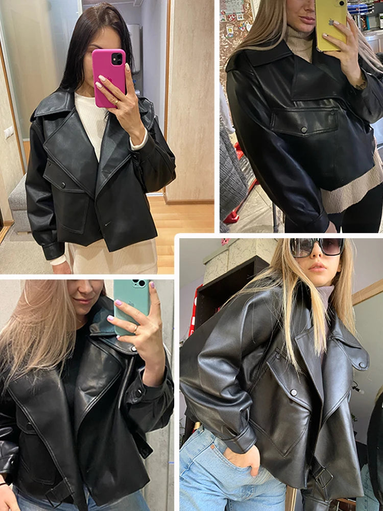 FTLZZ New Spring Women Faux Leather Jacket Biker Red White Coat Turndown Collar PU Motorcycle Jackets Loose Streetwear Outerwear