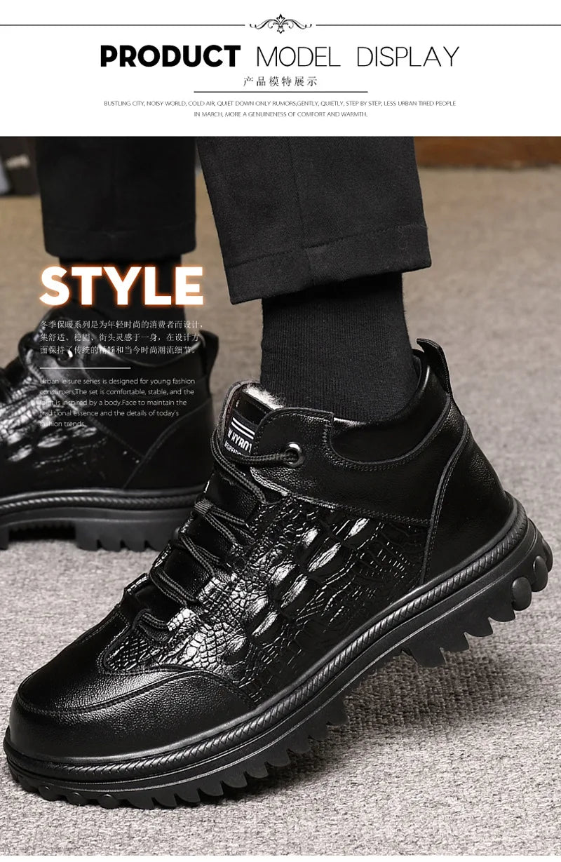 Men Genuine Leather Crocodile Print Sneakers Men's Casual Shoes Luxury British Fashion Leather Shoes Wool Inside Warm Snow Boots