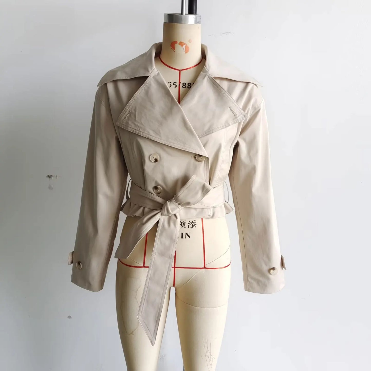 TRAFZA 2025 Spring Retro V-neck Double Breasted Women's Pocket Top Loose Jacket Women's Street Casual Lace-up Short Trench Coat