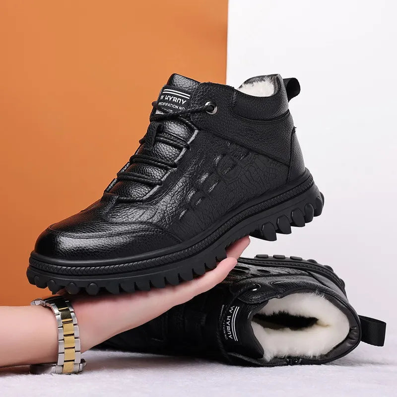Men Genuine Leather Crocodile Print Sneakers Men's Casual Shoes Luxury British Fashion Leather Shoes Wool Inside Warm Snow Boots