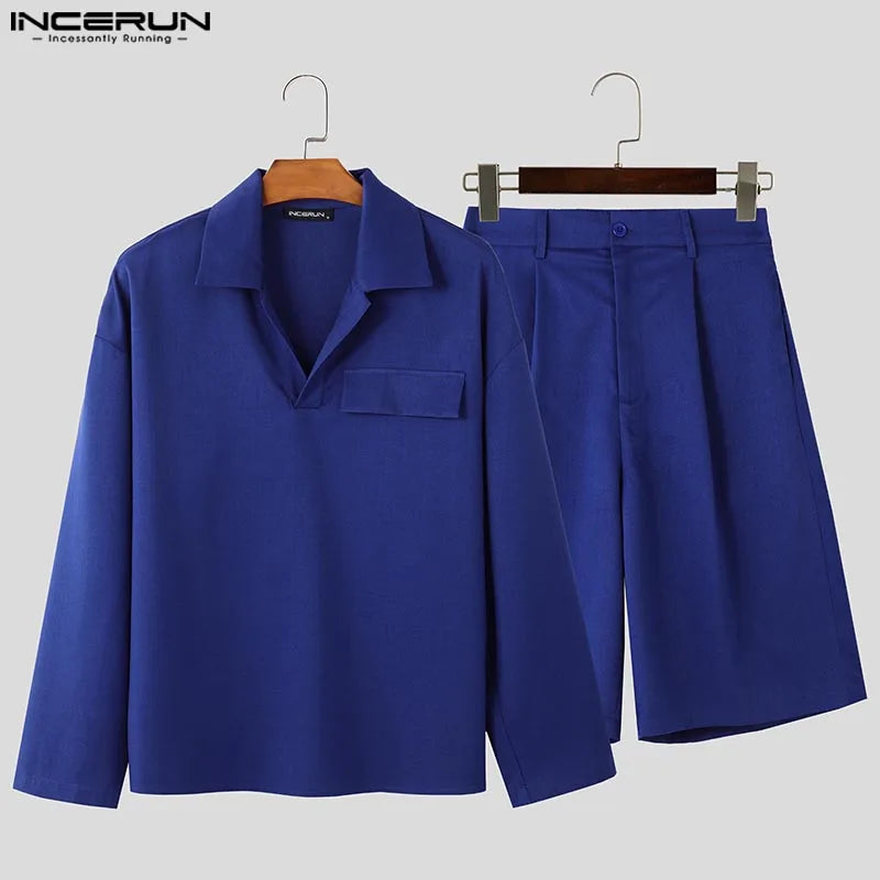 INCERUN 男士套裝純色時尚翻領兩件式西裝 2 件長袖上衣 T 卹短褲街頭潮流男裝