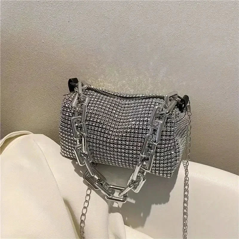 Allover Rhinestone Bucket Bag, Glitter Chain Prom Purse, Women's Mini Crossbody Bag