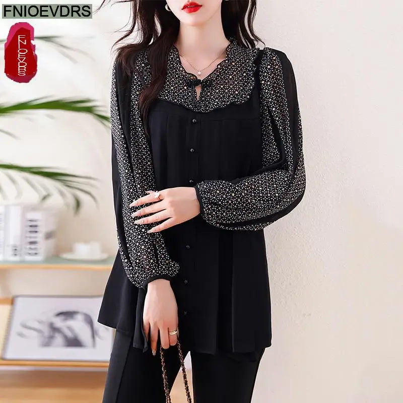 Loose Clothes Women 2024 Autumn Elegant Office Lady Casual Button Shirts Fake Two Piece Retro Vintage Bling Tops Blouses