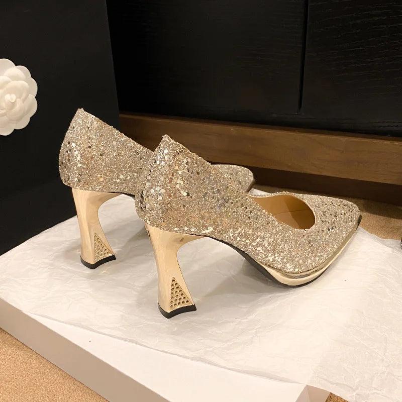 Fashion Sequined Women Pumps 2024New Women's Shoes Pointed Toe Shallow Mouth Shoes Female Comfort Women High Heels spring autumn