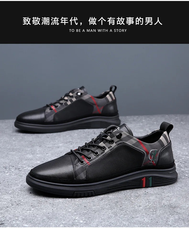 Genuine Leather Casual Shoes Men Sneakers Outdoor Walking Shoe Loafers Man Comfortable Breathable Male Light Footwear Plaid Shoe