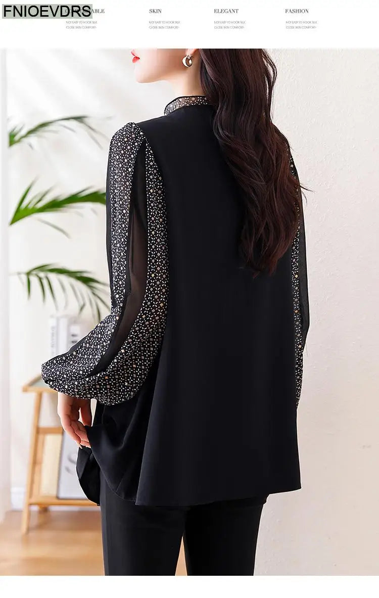 Loose Clothes Women 2024 Autumn Elegant Office Lady Casual Button Shirts Fake Two Piece Retro Vintage Bling Tops Blouses