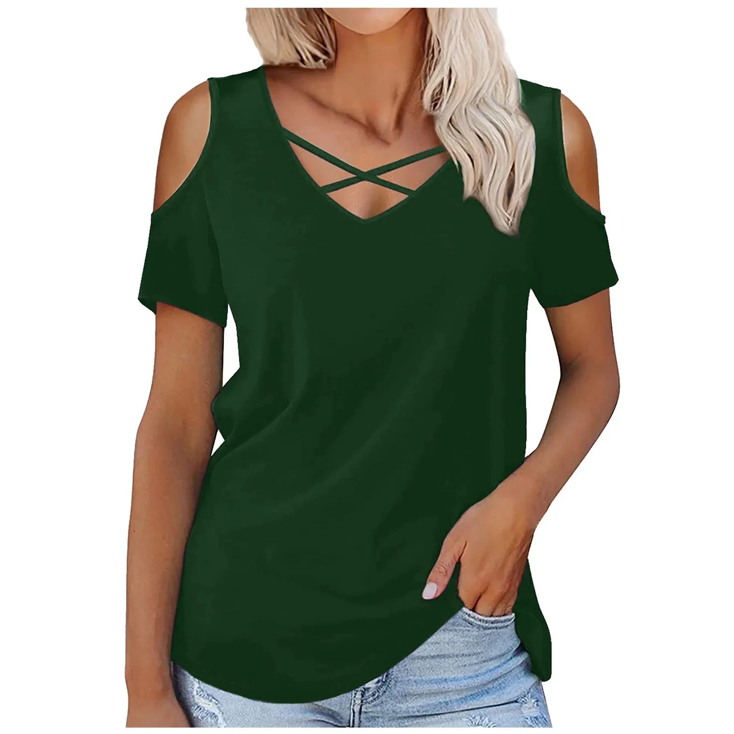 2023年新款亞馬遜Wish女士斜跨V領短袖寬鬆T卹，中國大陸出貨