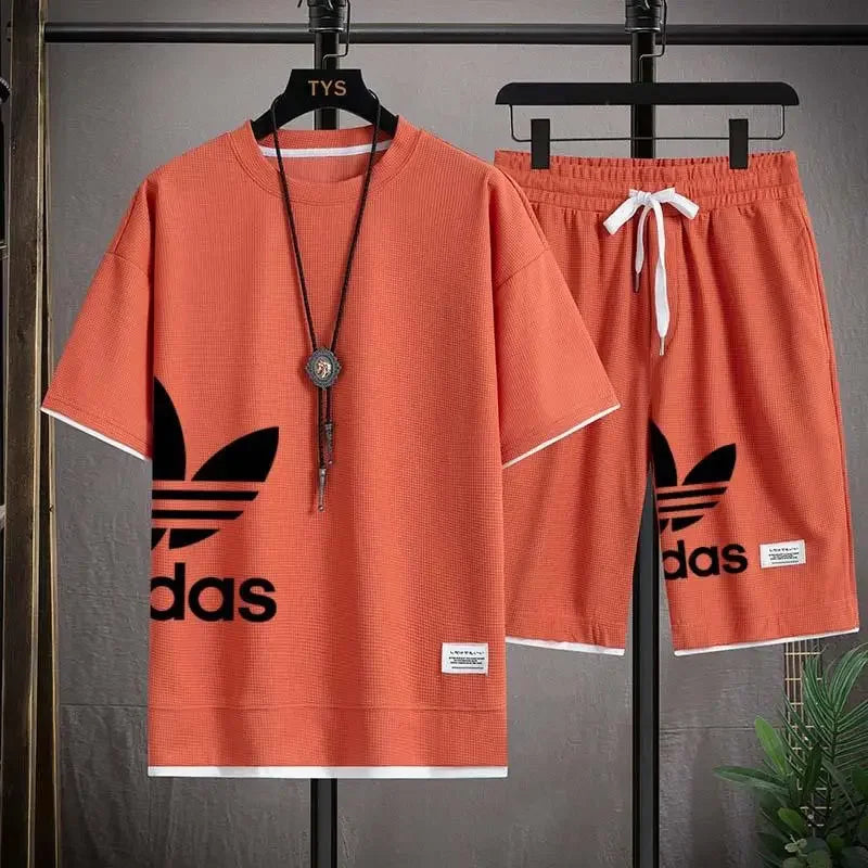 2025夏季新款男士套頭運動服套裝時尚籃球男休閒短袖T卹+短褲兩件套