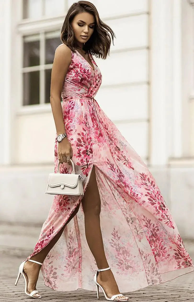 2023年夏季新款獨立站Wish亞馬遜雪紡印花繫帶洋裝女裝洋裝無袖V領