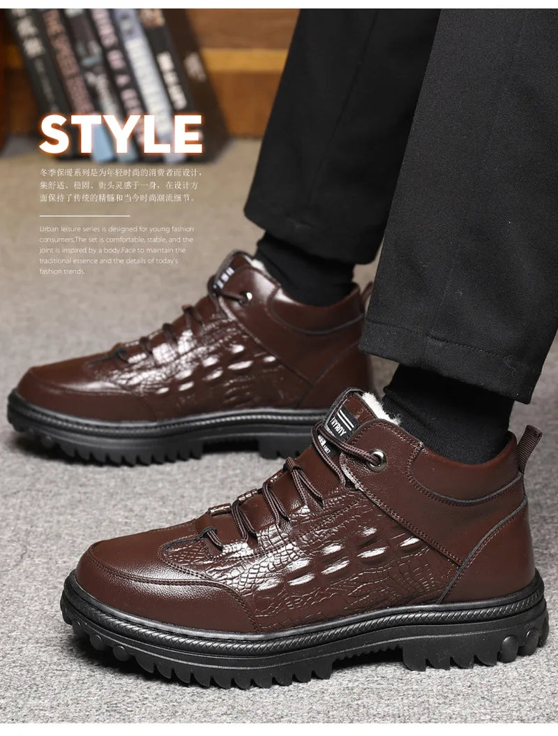 Men Genuine Leather Crocodile Print Sneakers Men's Casual Shoes Luxury British Fashion Leather Shoes Wool Inside Warm Snow Boots