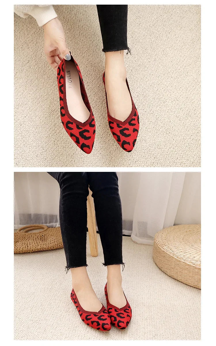 Loafers Flats Leopard Pointed Toe Casual Women Shoes New Knitted Shallow Comfortable Walking Zapatos Wear-resisting Sole