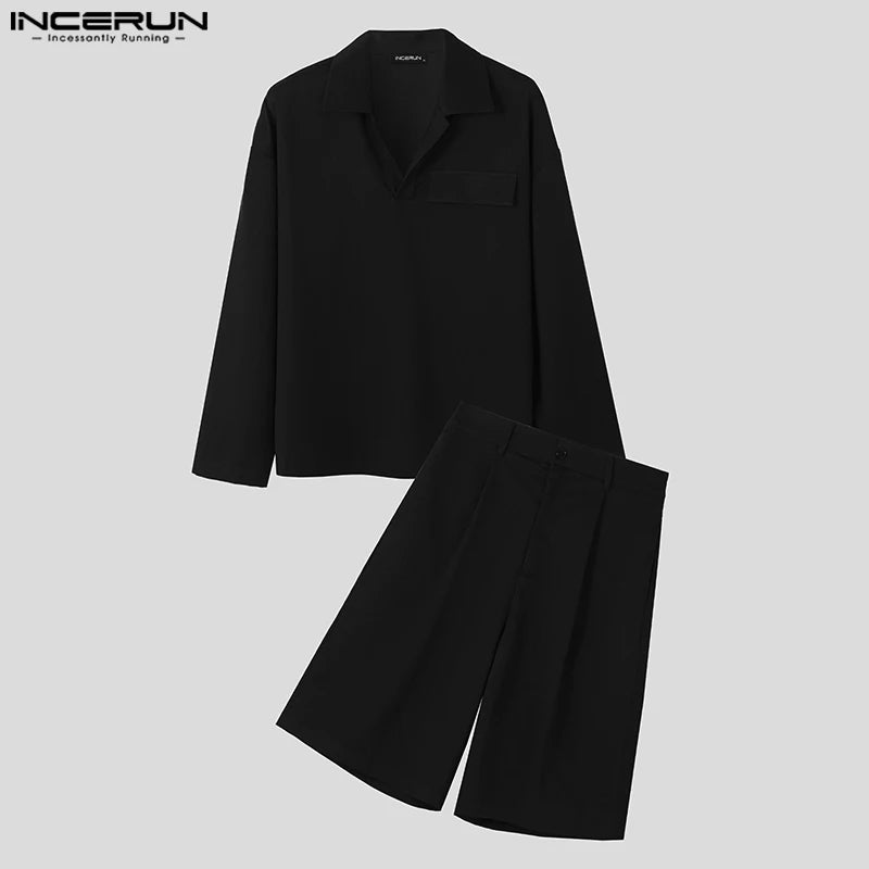 INCERUN 男士套裝純色時尚翻領兩件式西裝 2 件長袖上衣 T 卹短褲街頭潮流男裝