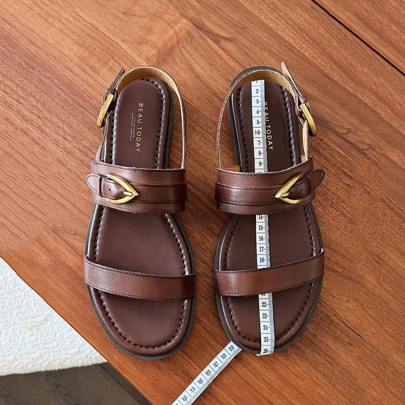 BEAUTODAY Flat Sandals Genuine Leather Metal Buckle Decro Slingback Low Heel Summer Retro Ladies Shoes 32426