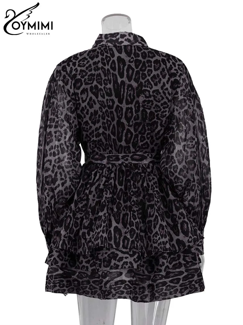 Oymimi Fashion Brown Leopard Print Women's Dress Elegant Long Sleeve Buton Lace-Up Dresses Casual Cascading Ruffle Mini Dresses