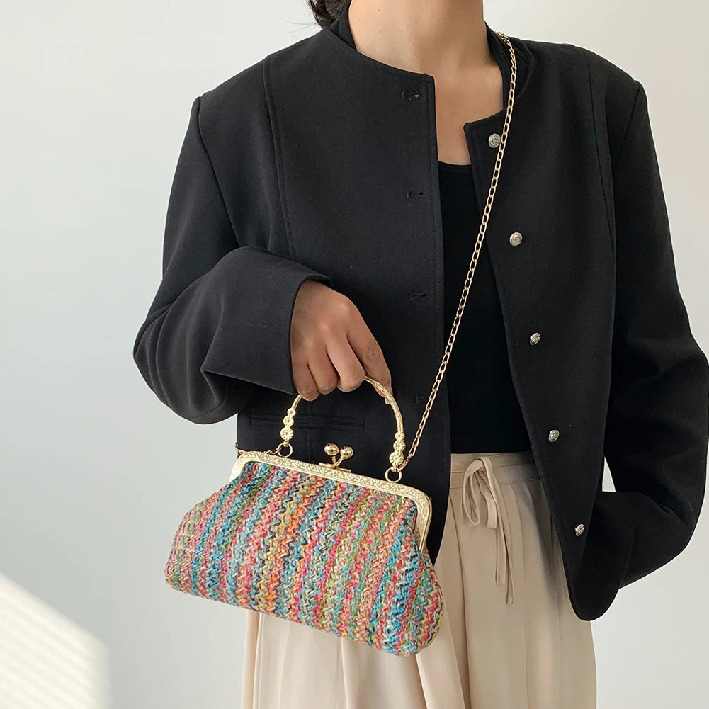 Fashion Designer Bag Luxury Women Bags Evening Clutch Colorful Straw Woven Shell Bag Beach Vacation Crossbody Bag Shoulder Bag