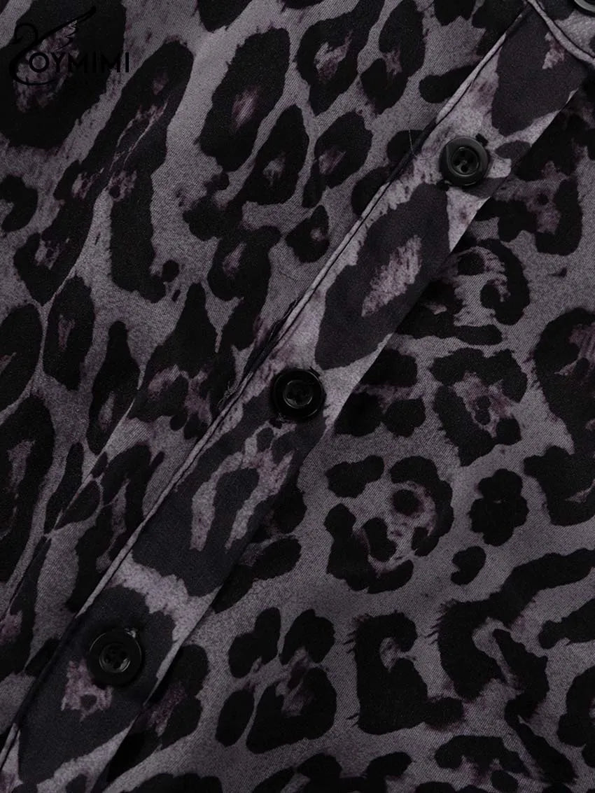 Oymimi Fashion Brown Leopard Print Women's Dress Elegant Long Sleeve Buton Lace-Up Dresses Casual Cascading Ruffle Mini Dresses