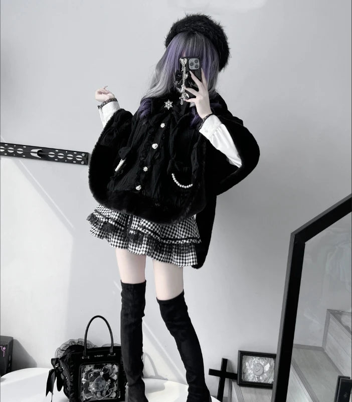 Japanese Style New Winter Mass Production Mine Series Velvet Rabbit Ear Cape Sweet Bow Knitted Furry Cloak Warm Jacket Coat