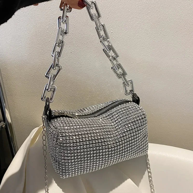 Allover Rhinestone Bucket Bag, Glitter Chain Prom Purse, Women's Mini Crossbody Bag