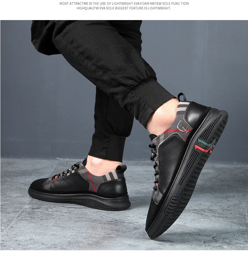 Genuine Leather Casual Shoes Men Sneakers Outdoor Walking Shoe Loafers Man Comfortable Breathable Male Light Footwear Plaid Shoe