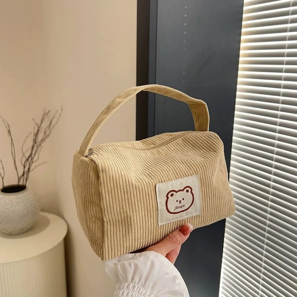 Corduroy Totes Bag Women Ladies Corduroy Shoulder Bag Cute Teddy Bear Pattern Cartoon Embroidery Casual Shoulder Tote